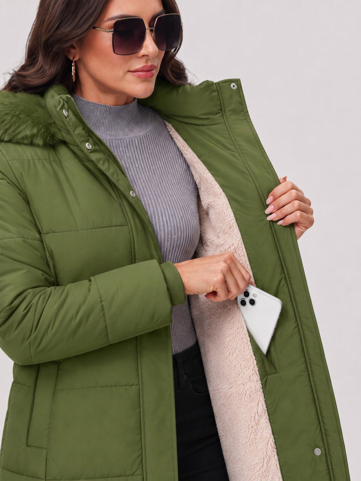 YUCOLEN Women's Long Winter Down Coat Fleece Lined Puffer Jackets in Olive Green