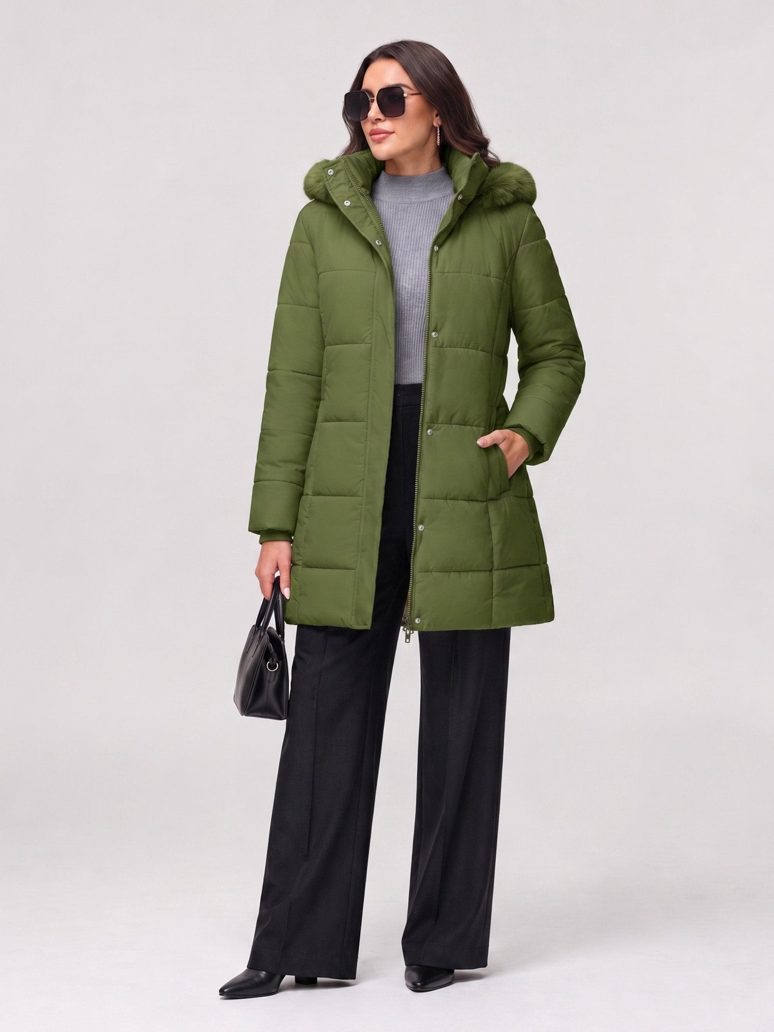 YUCOLEN Women's Long Winter Down Coat Fleece Lined Puffer Jackets in Olive Green
