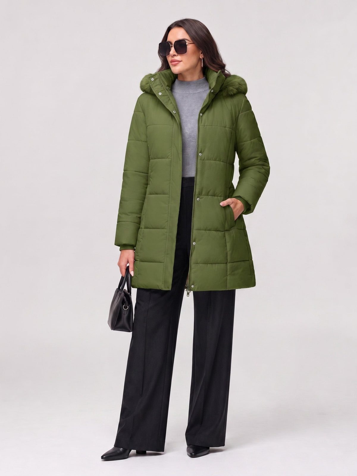 YUCOLEN Women's Long Winter Down Coat Fleece Lined Puffer Jackets in Olive Green