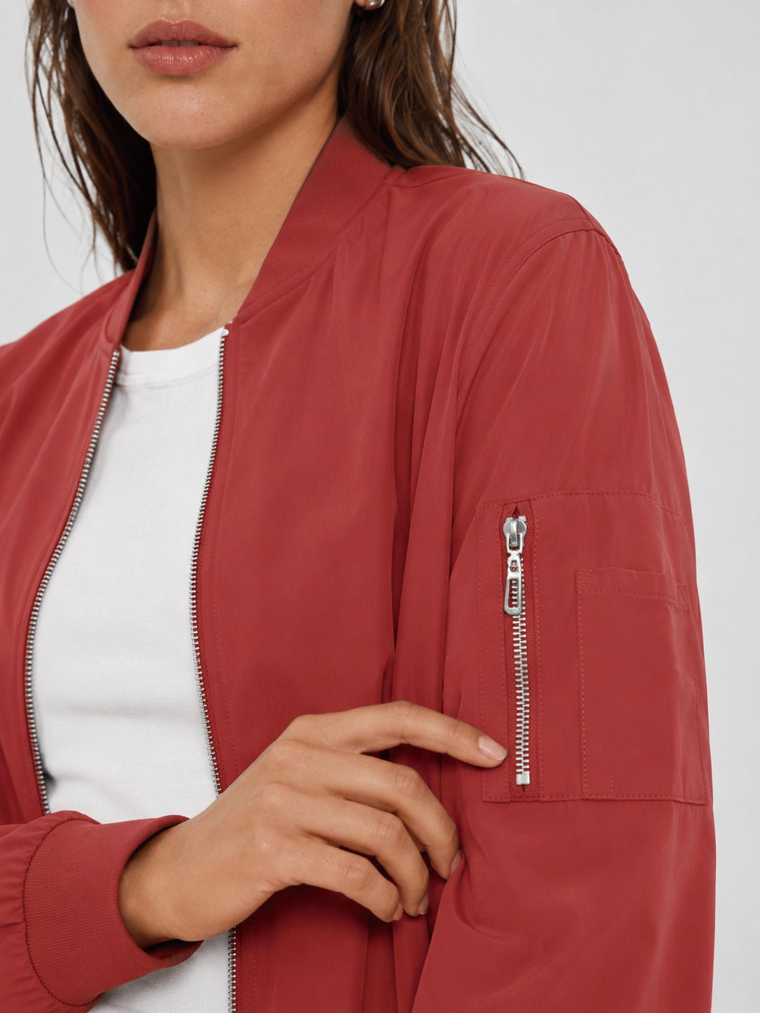 YUCOLEN Women's Lightweight Water Resistant Bomber Jacket 5-Pocket Utility Windbreaker in Orange Red