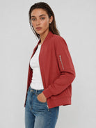 YUCOLEN Women's Lightweight Water Resistant Bomber Jacket 5-Pocket Utility Windbreaker in Orange Red