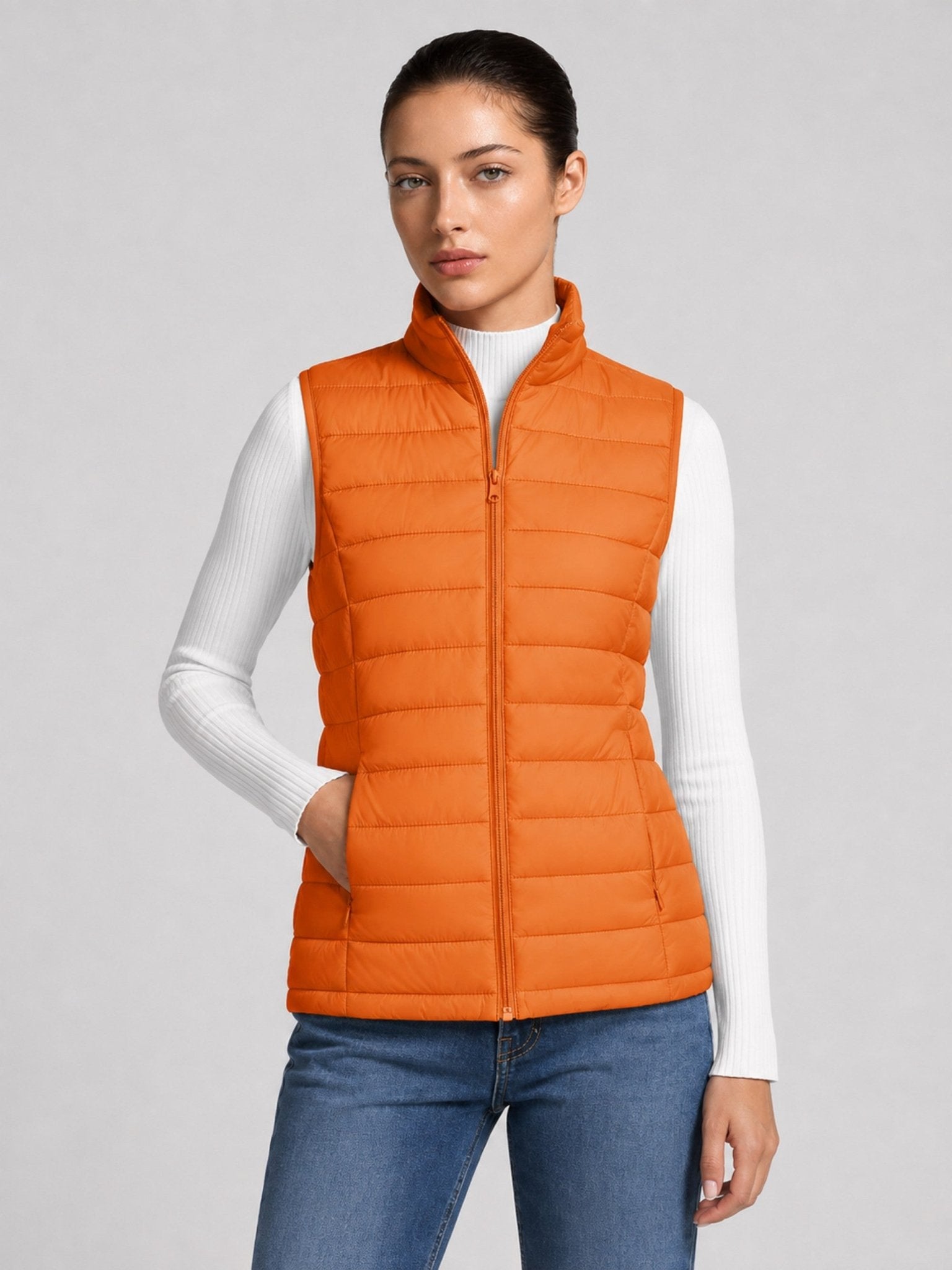 YUCOLEN Women's 270g Lightweight Down Quilted Puffer Vest Windproof Sleeveless Jacket in Orange