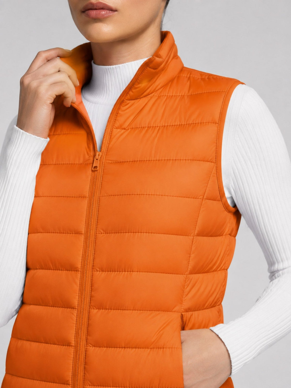 YUCOLEN Women's 270g Lightweight Down Quilted Puffer Vest Windproof Sleeveless Jacket in Orange