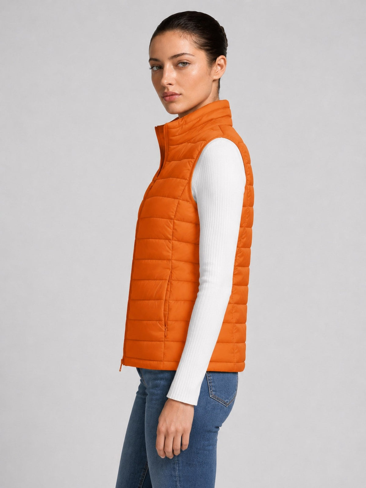 YUCOLEN Women's 270g Lightweight Down Quilted Puffer Vest Windproof Sleeveless Jacket in Orange