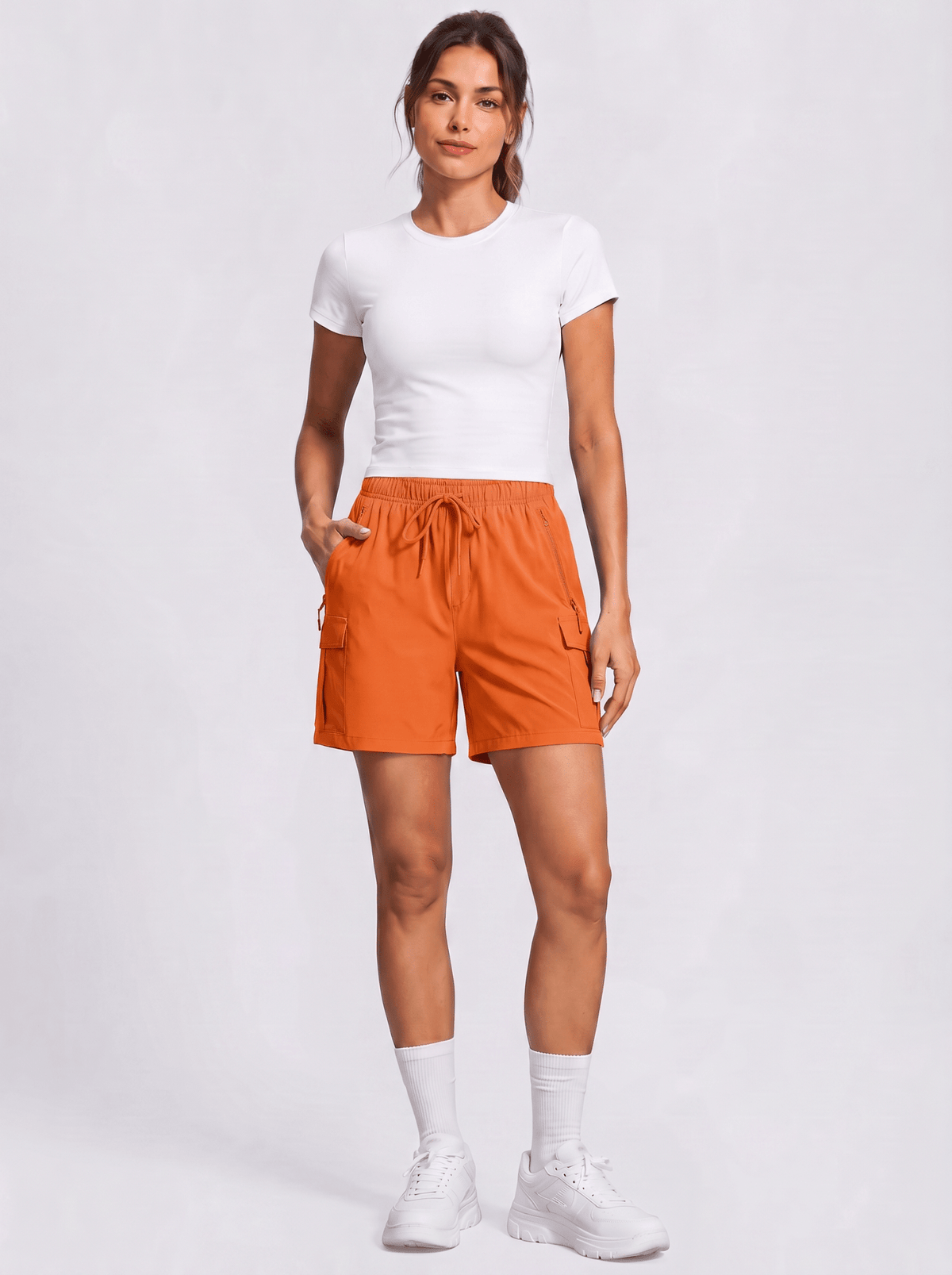 YUCOLEN Women's 5 Inch Quick Dry Hiking Cargo Shorts UPF 50 Plus Lightweight Athletic Shorts in Orange