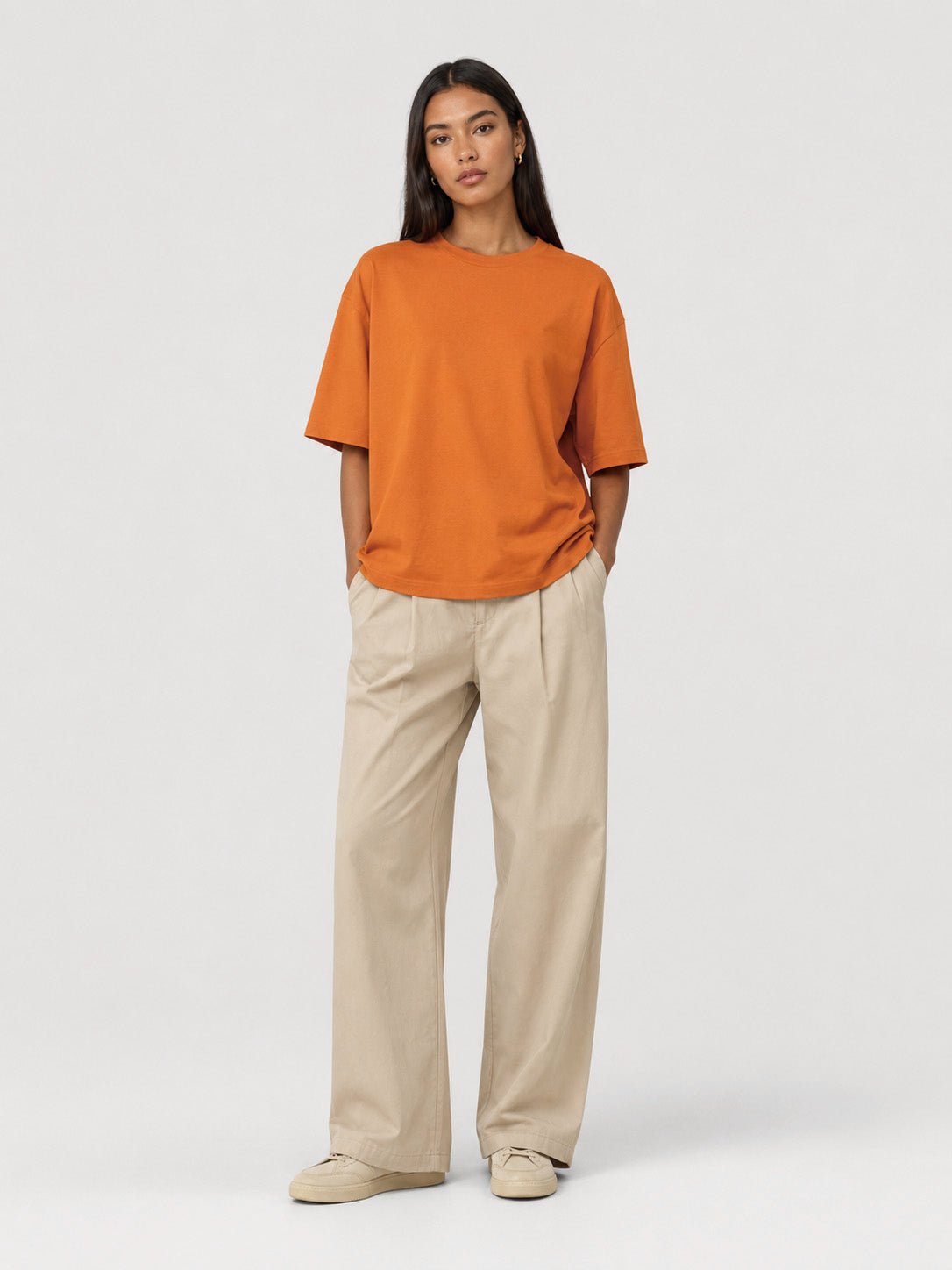 YUCOLEN Women's Oversized Cotton Blend T-Shirt Loose Fit Drop Shoulder Crewneck Tee in Orange