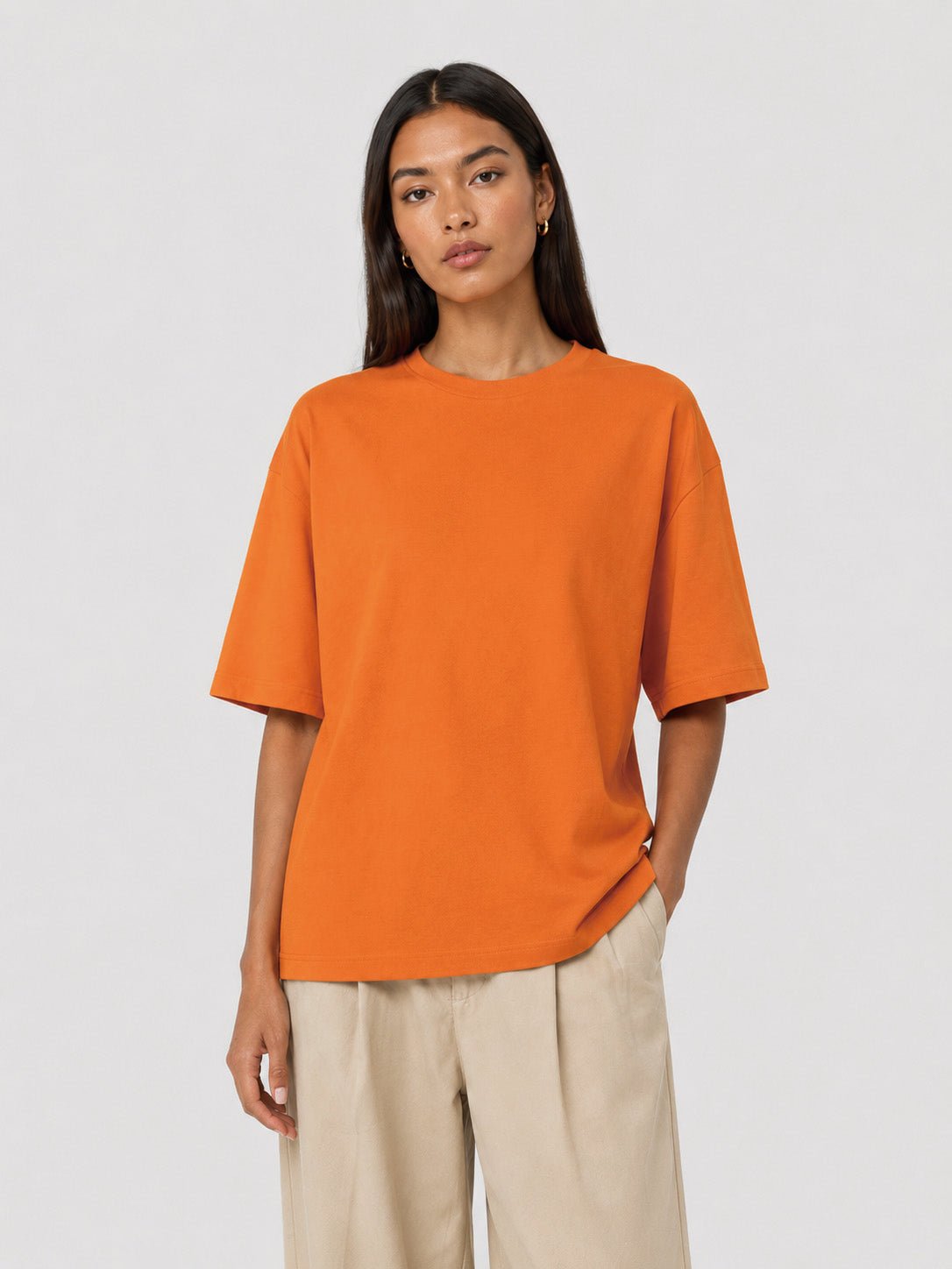 YUCOLEN Women's Oversized Cotton Blend T-Shirt Loose Fit Drop Shoulder Crewneck Tee in Orange
