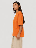 YUCOLEN Women's Oversized Cotton Blend T-Shirt Loose Fit Drop Shoulder Crewneck Tee in Orange