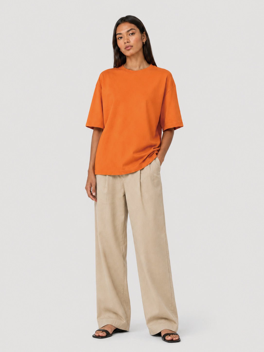 YUCOLEN Women's Oversized Cotton Blend T-Shirt Loose Fit Drop Shoulder Crewneck Tee in Orange