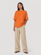 YUCOLEN Women's Oversized Cotton Blend T-Shirt Loose Fit Drop Shoulder Crewneck Tee in Orange