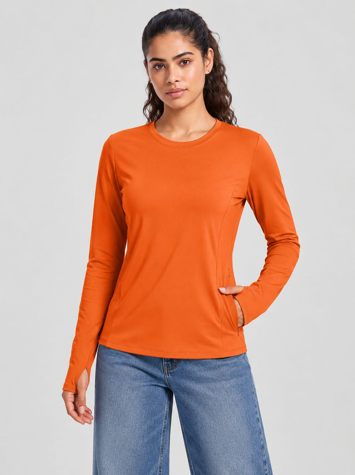 YUCOLEN Womens Thermal Running Top with Thumb Holes and Zip Pocket in Orange