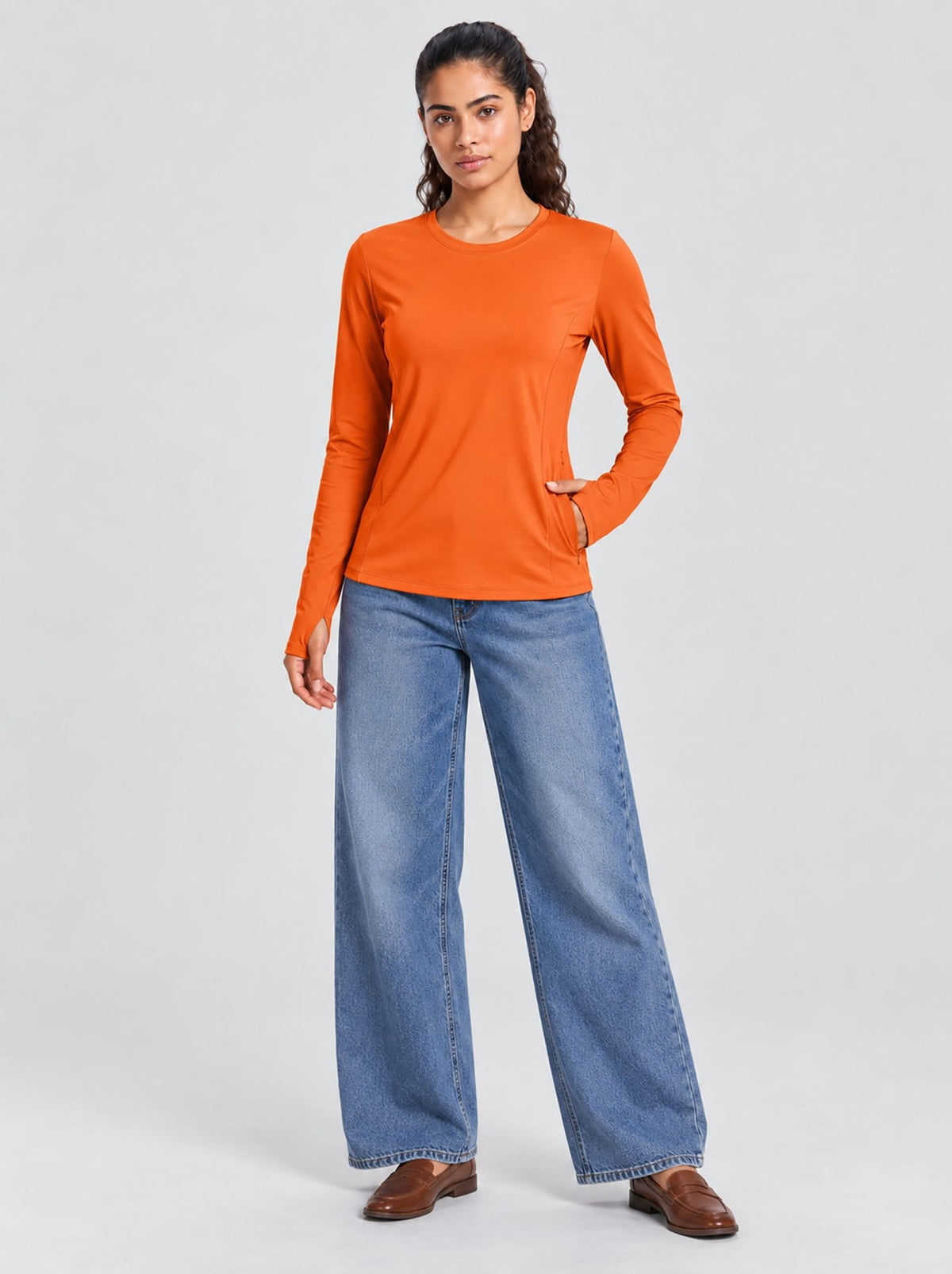 YUCOLEN Womens Thermal Running Top with Thumb Holes and Zip Pocket in Orange