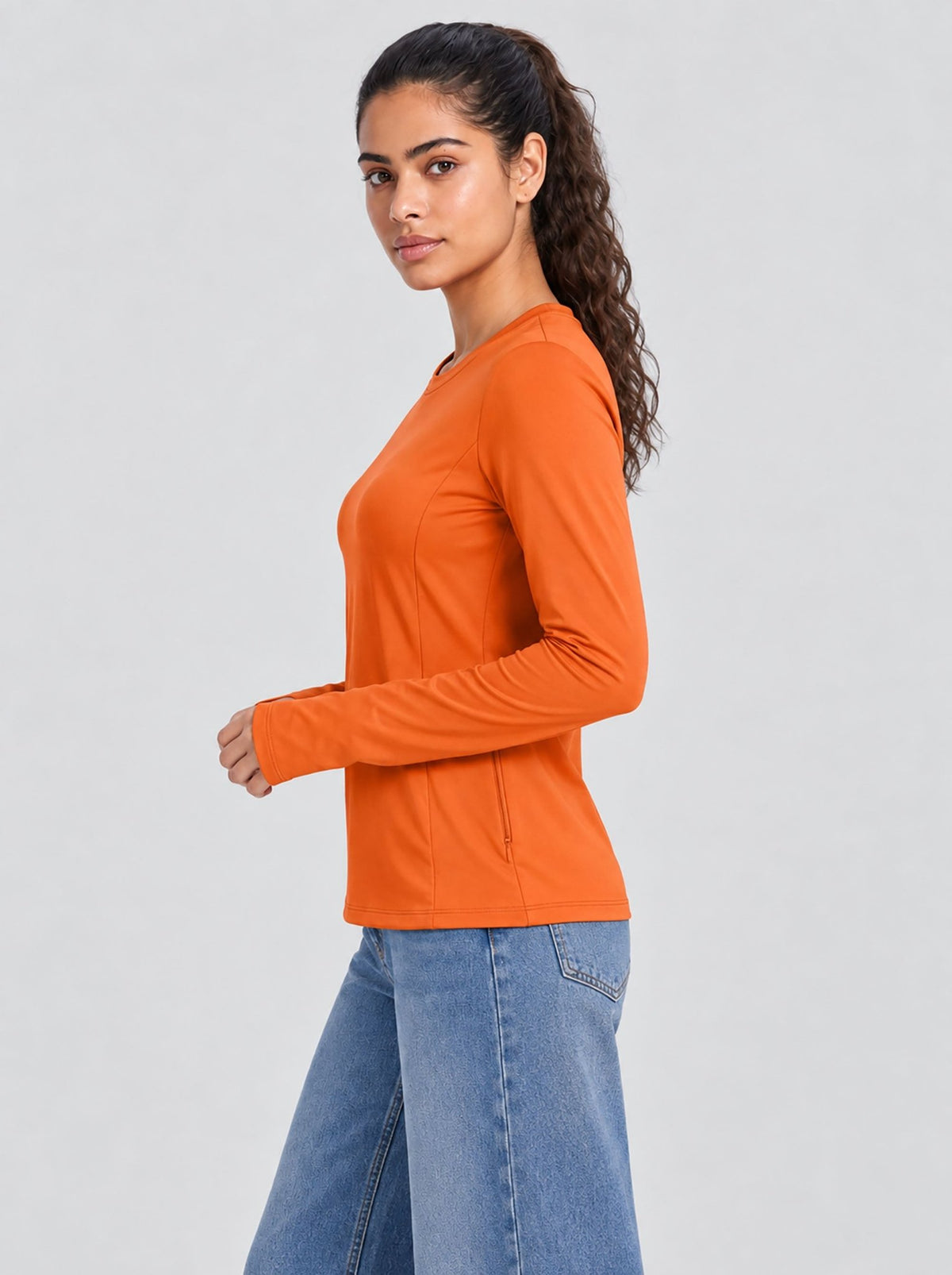 YUCOLEN Womens Thermal Running Top with Thumb Holes and Zip Pocket in Orange