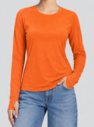 YUCOLEN Womens Thermal Running Top with Thumb Holes and Zip Pocket in Orange