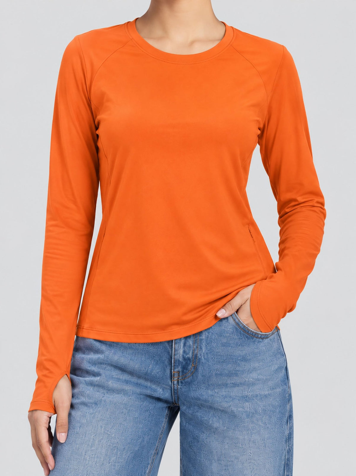 YUCOLEN Womens Thermal Running Top with Thumb Holes and Zip Pocket in Orange