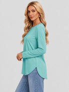 YUCOLEN Women's Long Sleeve Crewneck Tunic Top with Curved Hem in Pale Sage
