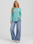 YUCOLEN Women's Long Sleeve Crewneck Tunic Top with Curved Hem in Pale Sage