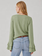YUCOLEN Women's Double Ruffle Bell Sleeve Dressy Casual Tunic Blouse in Pea Green