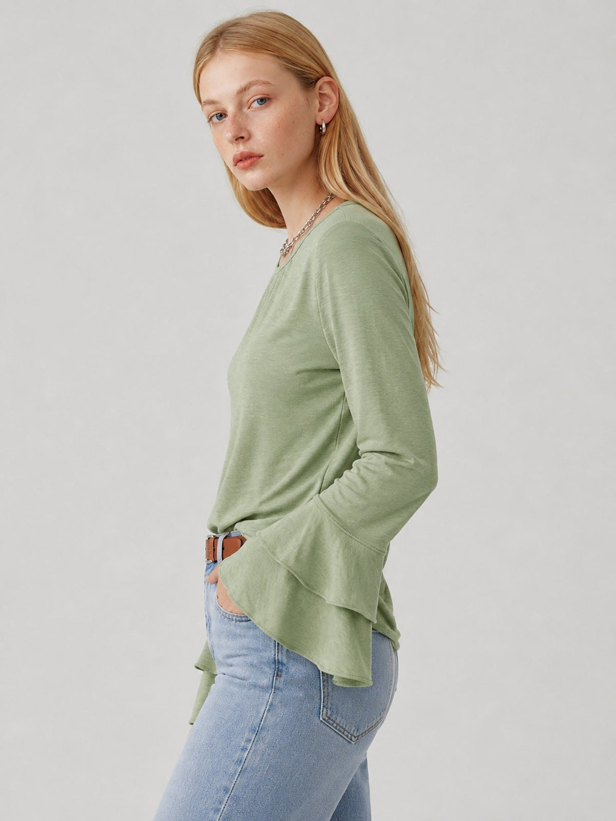 YUCOLEN Women's Double Ruffle Bell Sleeve Dressy Casual Tunic Blouse in Pea Green