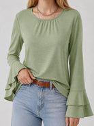 YUCOLEN Women's Double Ruffle Bell Sleeve Dressy Casual Tunic Blouse in Pea Green