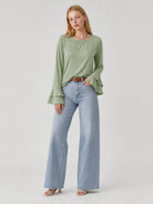 YUCOLEN Women's Double Ruffle Bell Sleeve Dressy Casual Tunic Blouse in Pea Green