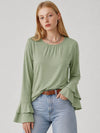 YUCOLEN Women's Double Ruffle Bell Sleeve Dressy Casual Tunic Blouse in Pea Green