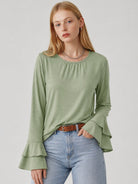 YUCOLEN Women's Double Ruffle Bell Sleeve Dressy Casual Tunic Blouse in Pea Green