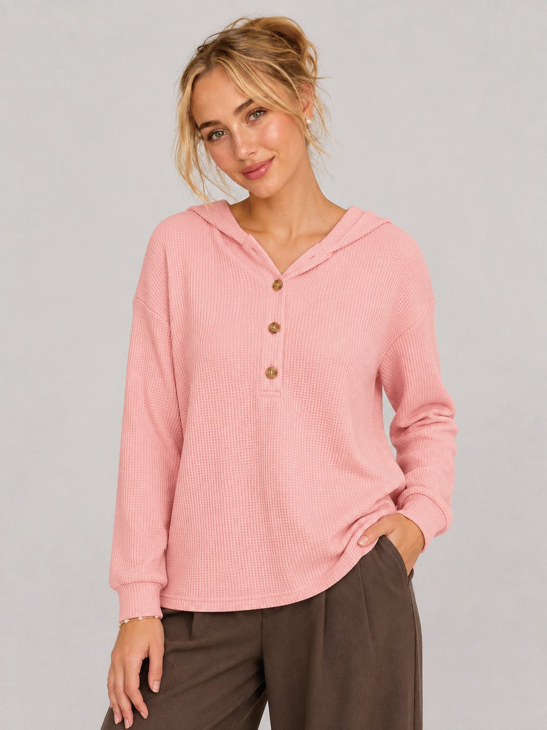 YUCOLEN Women's Waffle Knit Oversized Hoodie 4-Button Henley Pullover in Peach Pink