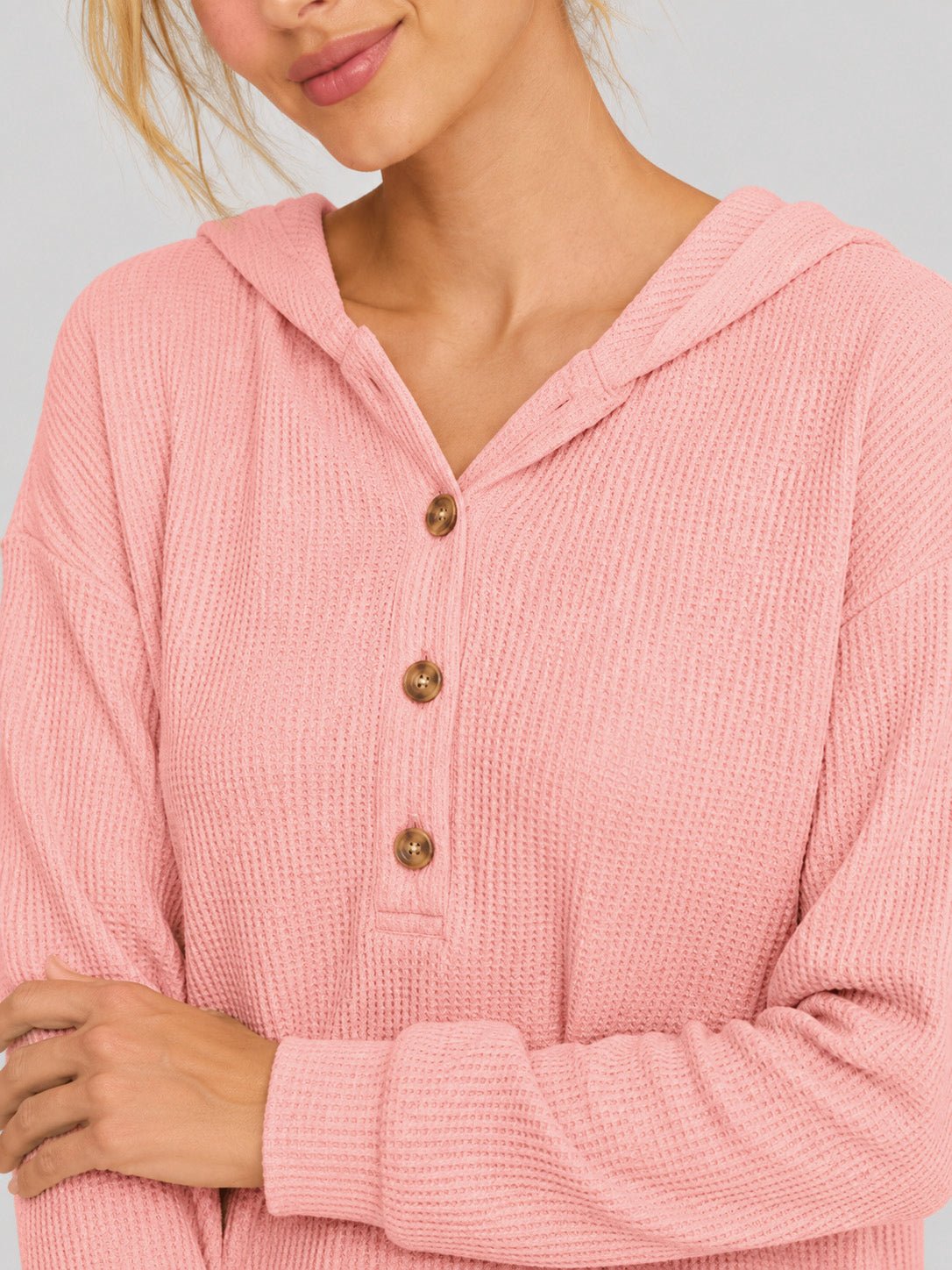 YUCOLEN Women's Waffle Knit Oversized Hoodie 4-Button Henley Pullover in Peach Pink