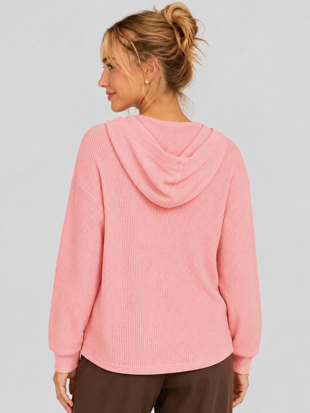 YUCOLEN Women's Waffle Knit Oversized Hoodie 4-Button Henley Pullover in Peach Pink