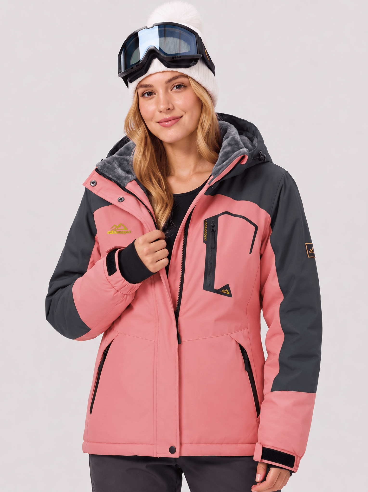 YUCOLEN Women's Waterproof Ski Jacket Fleece Lined Insulated Snow Coat with Detachable Hood in Pink Grey
