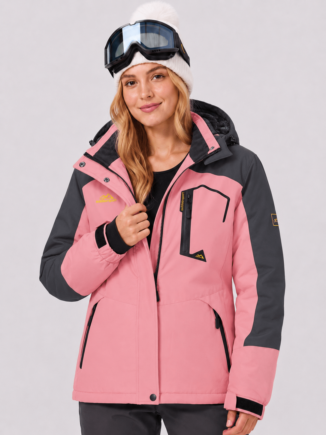 YUCOLEN Women's Waterproof Ski Jacket Fleece Lined Insulated Snow Coat with Detachable Hood in Pink Grey