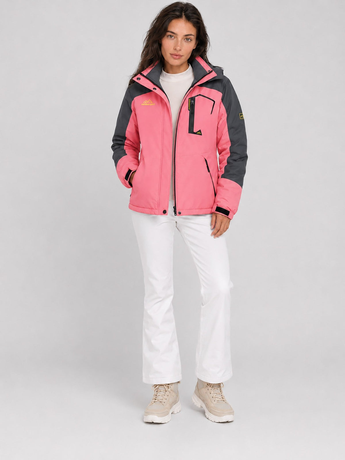 YUCOLEN Women's Waterproof Ski Jacket Fleece Lined Insulated Snow Coat with Detachable Hood in Pink Grey