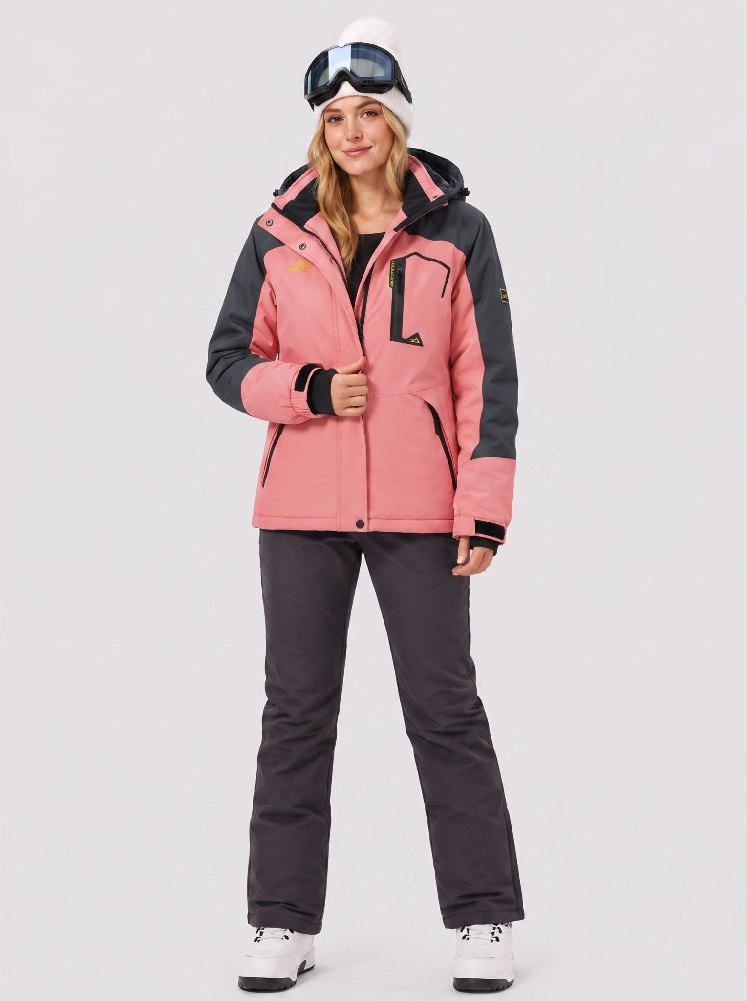 YUCOLEN Women's Waterproof Ski Jacket Fleece Lined Insulated Snow Coat with Detachable Hood in Pink Grey