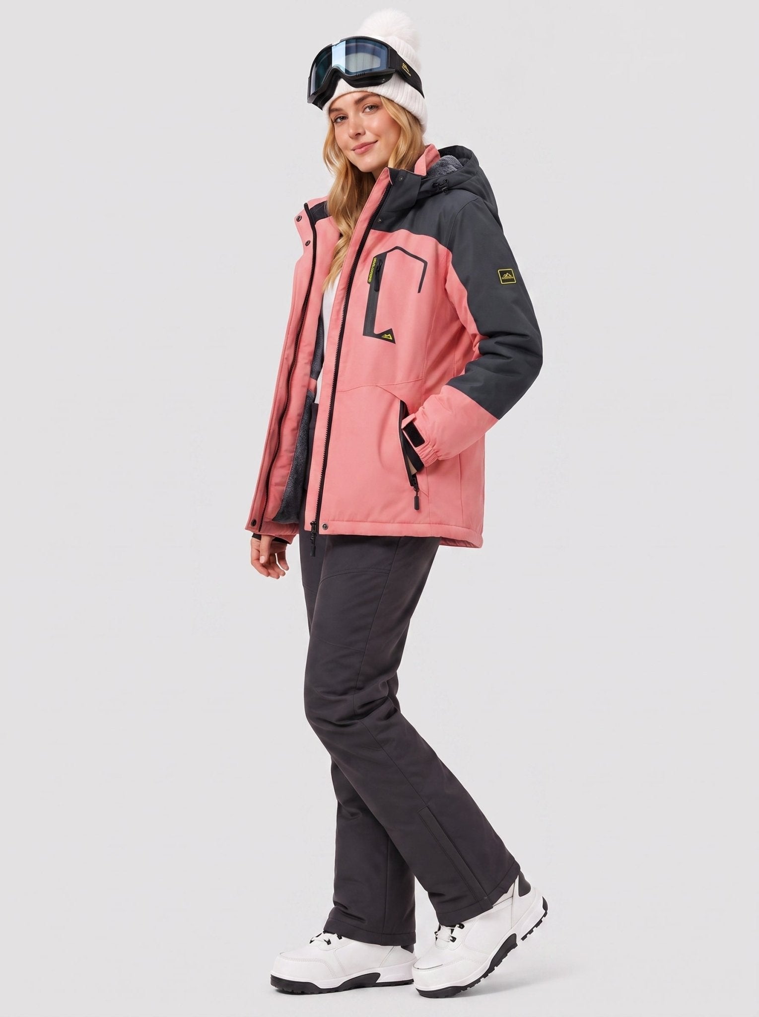 YUCOLEN Women's Waterproof Ski Jacket Fleece Lined Insulated Snow Coat with Detachable Hood in Pink Grey