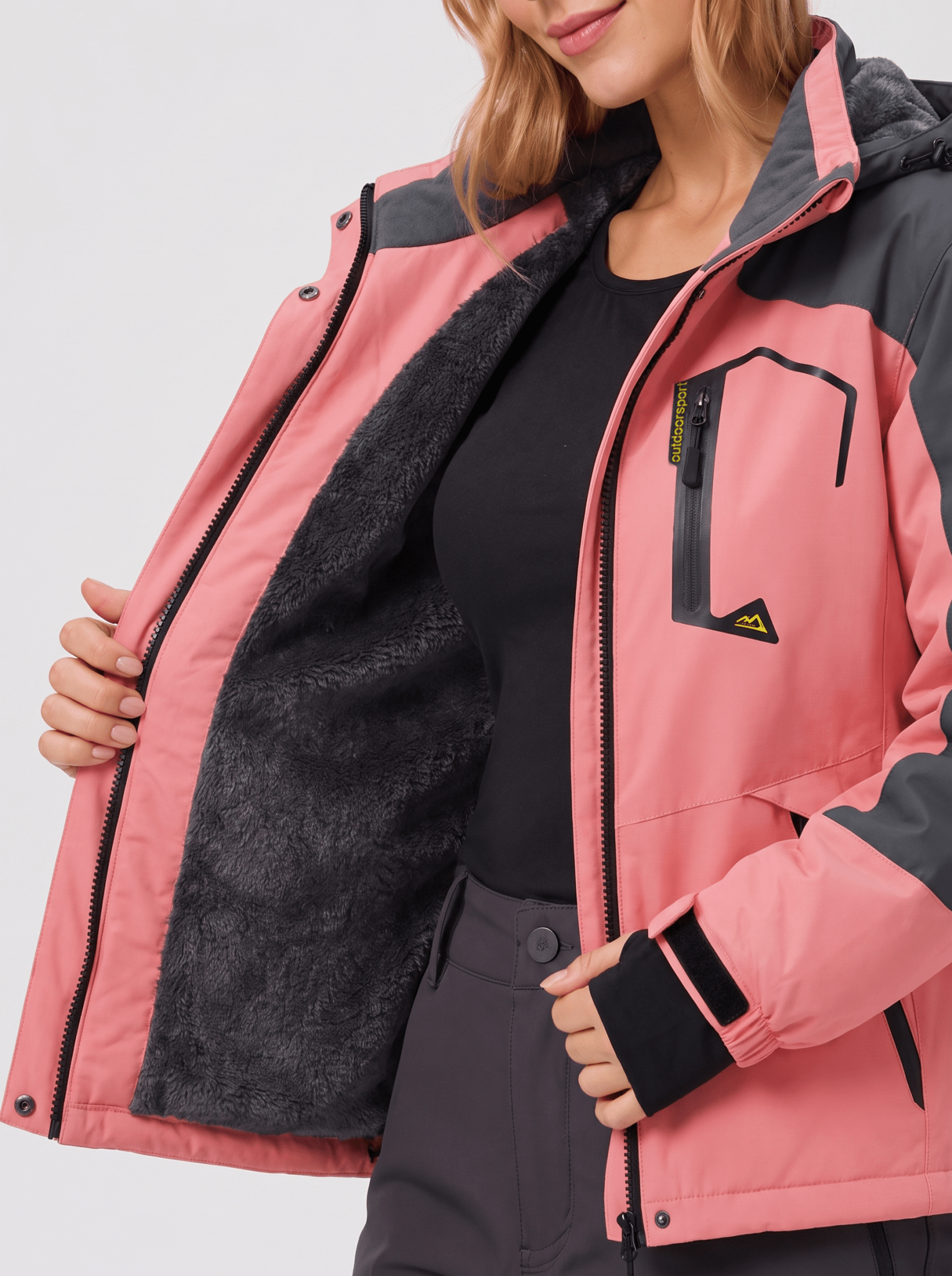 YUCOLEN Women's Waterproof Ski Jacket Fleece Lined Insulated Snow Coat with Detachable Hood in Pink Grey