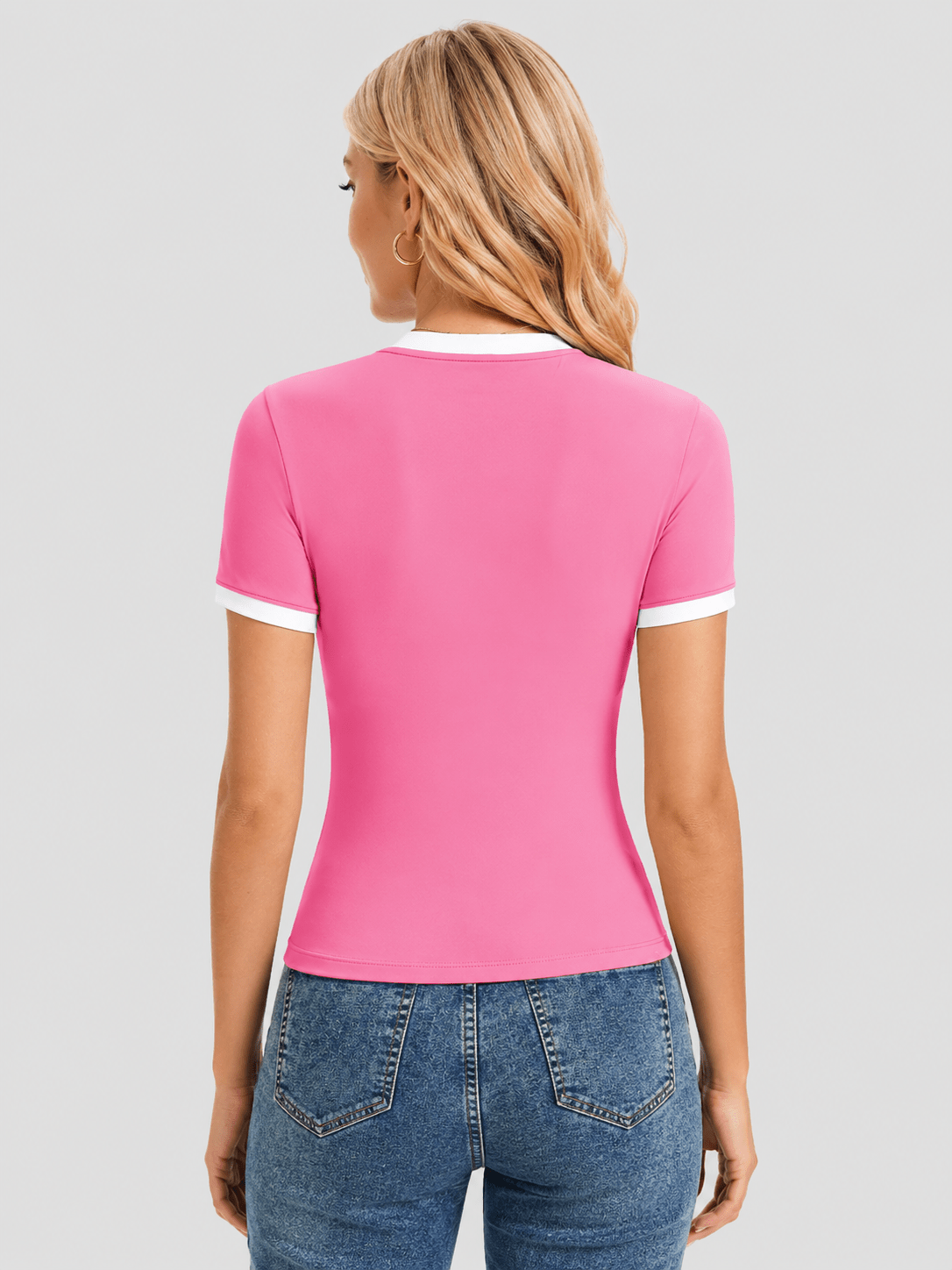 YUCOLEN Women Slim Fit Color Block Crop Top - High Stretch Athletic Shirt in Pink