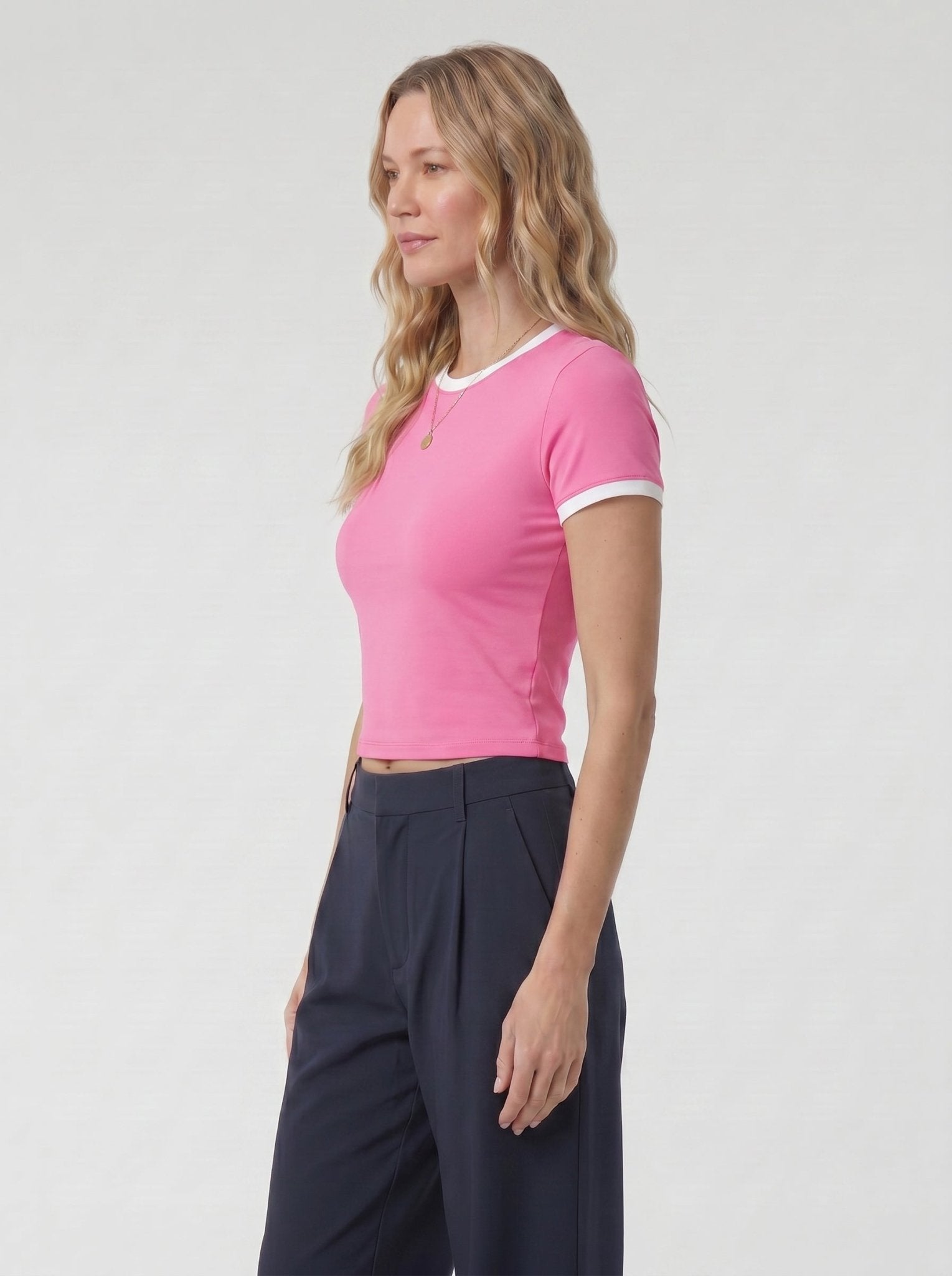 YUCOLEN Women Slim Fit Color Block Crop Top - High Stretch Athletic Shirt in Pink