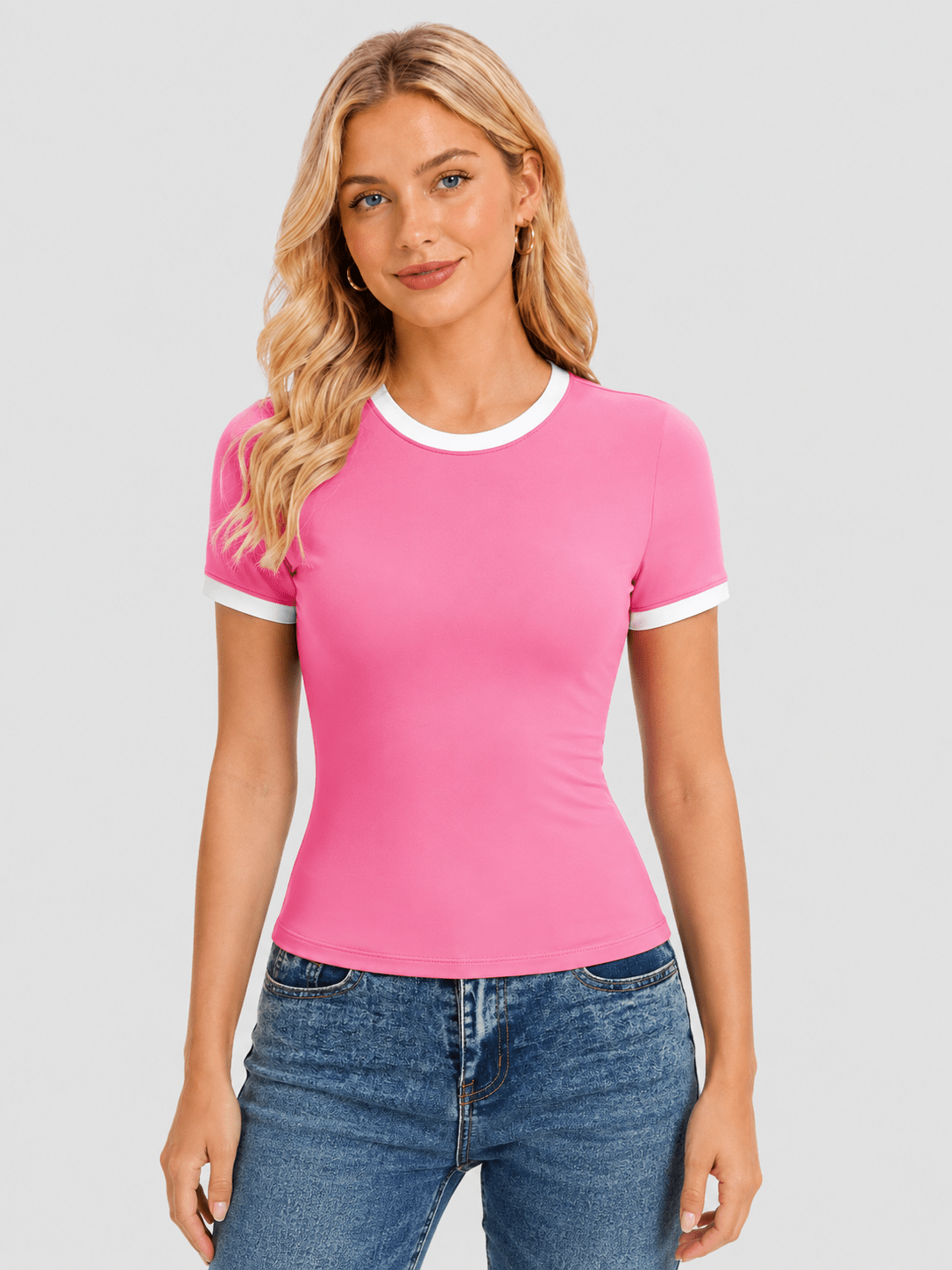 YUCOLEN Women Slim Fit Color Block Crop Top - High Stretch Athletic Shirt in Pink