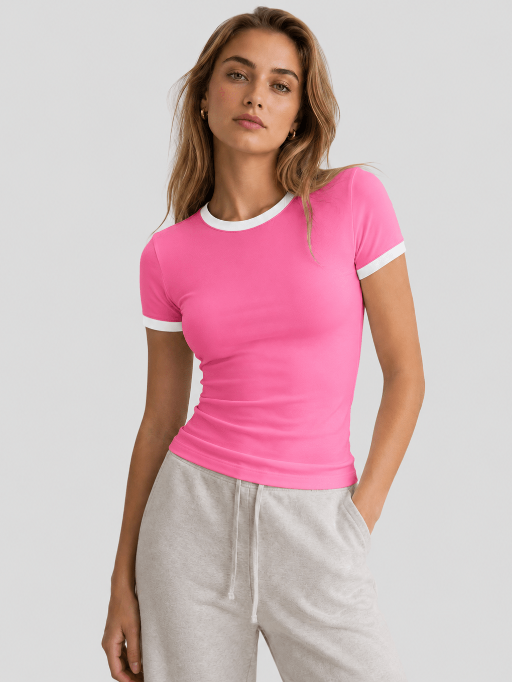 YUCOLEN Women Slim Fit Color Block Crop Top - High Stretch Athletic Shirt in Pink