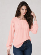 YUCOLEN Women's Lantern Sleeve Pleated Blouse Soft Cotton Rayon Dressy Casual Top in Pink