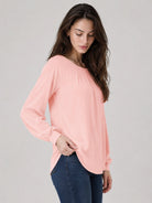 YUCOLEN Women's Lantern Sleeve Pleated Blouse Soft Cotton Rayon Dressy Casual Top in Pink