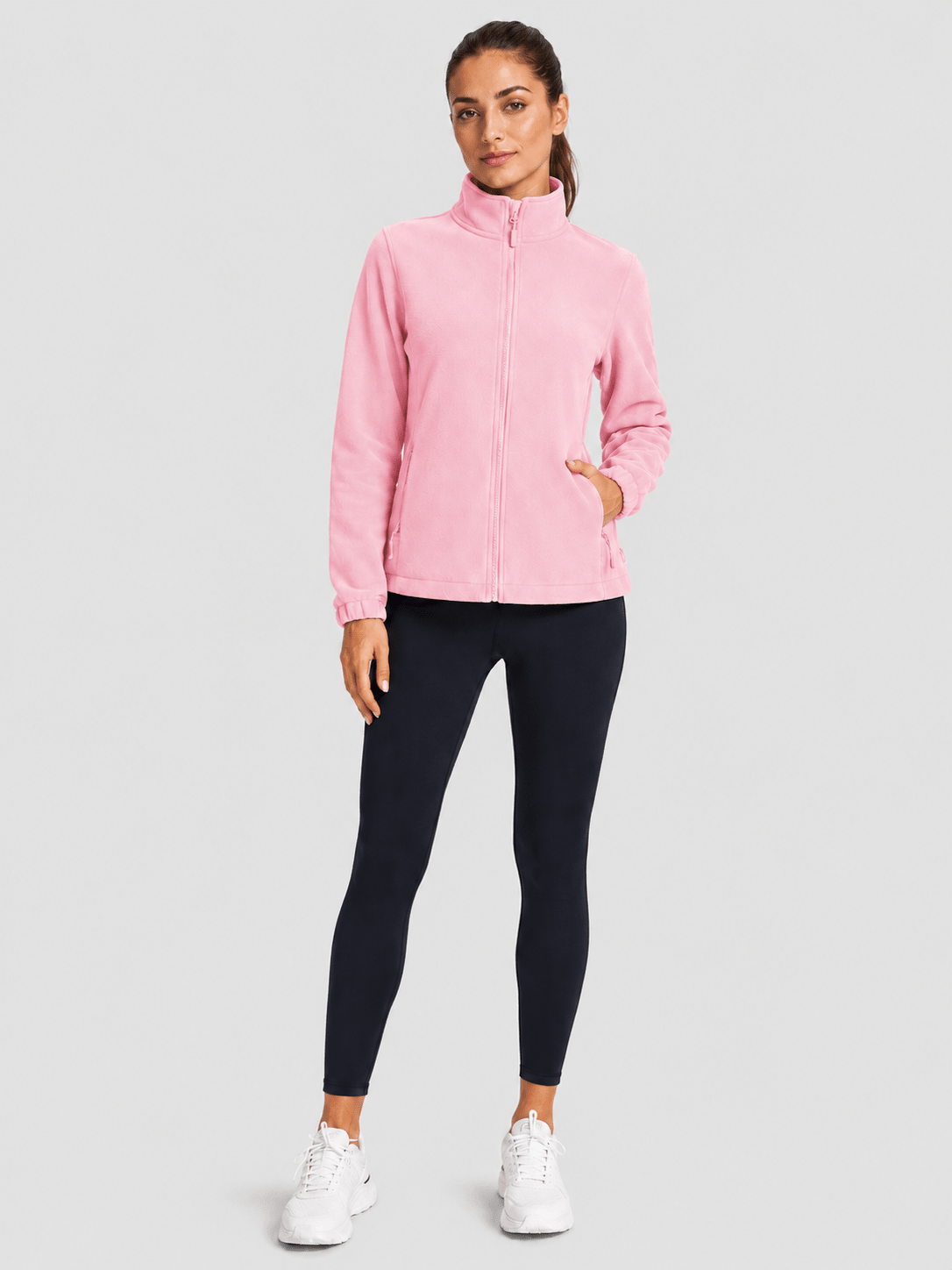 YUCOLEN Women's Lightweight Full Zip Fleece Jacket Windproof Stand Collar Outdoor Sweatshirt in Pink