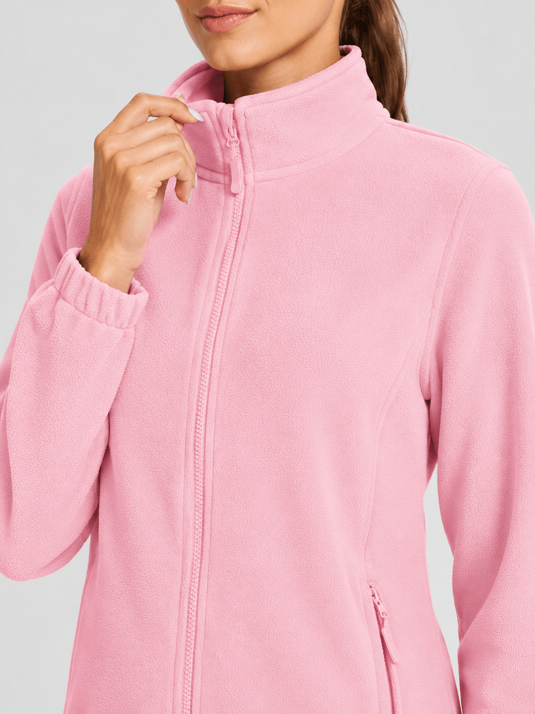 YUCOLEN Women's Lightweight Full Zip Fleece Jacket Windproof Stand Collar Outdoor Sweatshirt in Pink