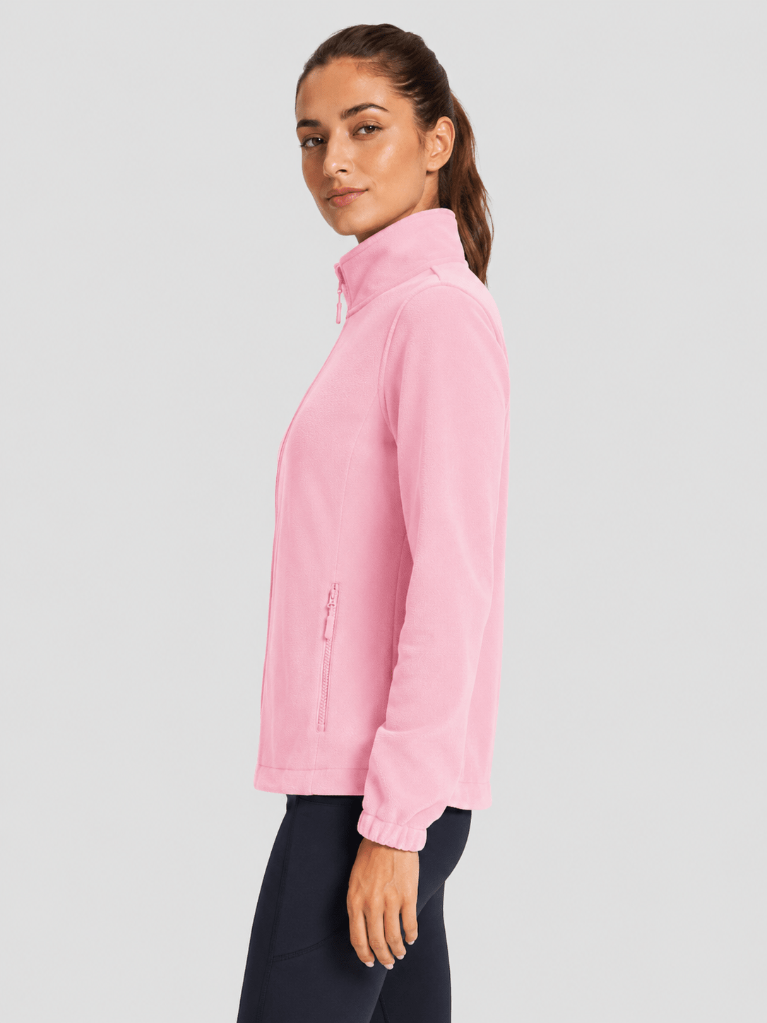 YUCOLEN Women's Lightweight Full Zip Fleece Jacket Windproof Stand Collar Outdoor Sweatshirt in Pink