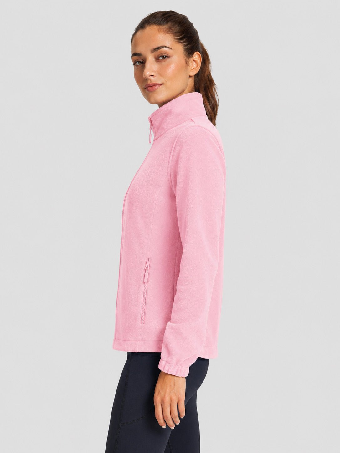 YUCOLEN Women's Lightweight Full Zip Fleece Jacket Windproof Stand Collar Outdoor Sweatshirt in Pink