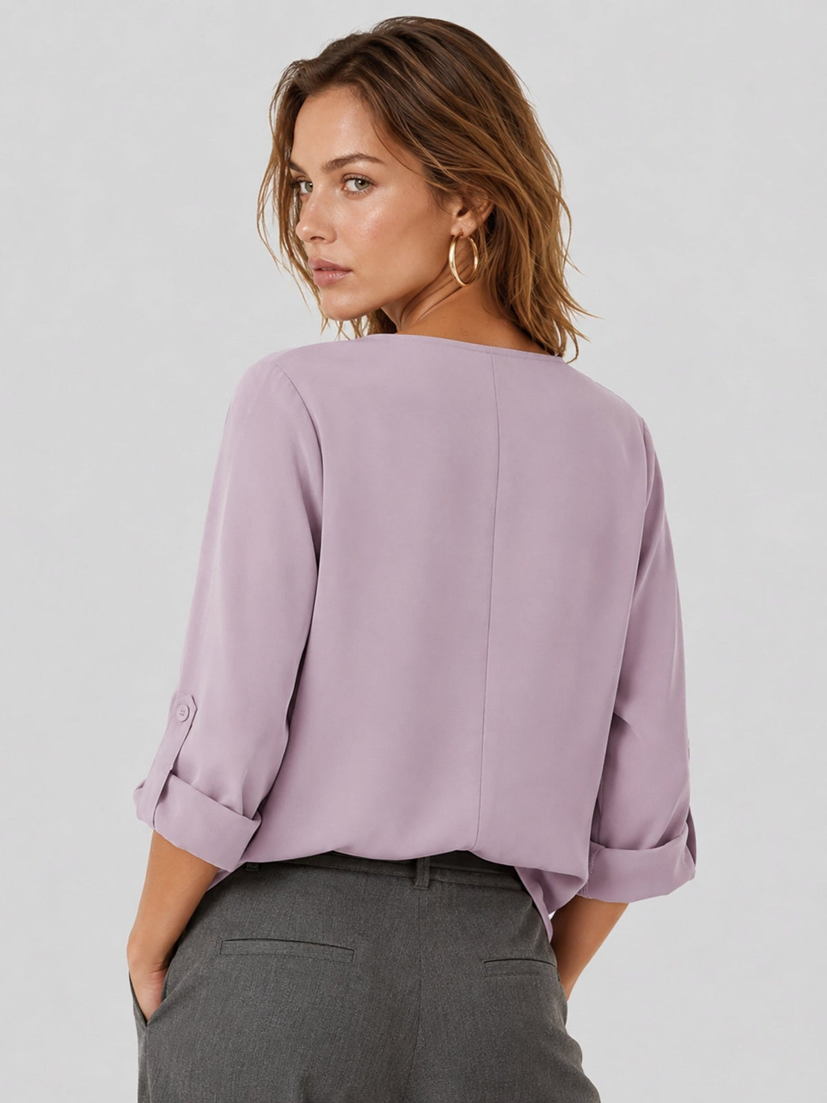YUCOLEN Women's Lightweight V-Neck Flowy Blouse with 3/4 Flutter Sleeves in Pink