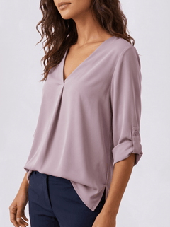 YUCOLEN Women's Lightweight V-Neck Flowy Blouse with 3/4 Flutter Sleeves in Pink