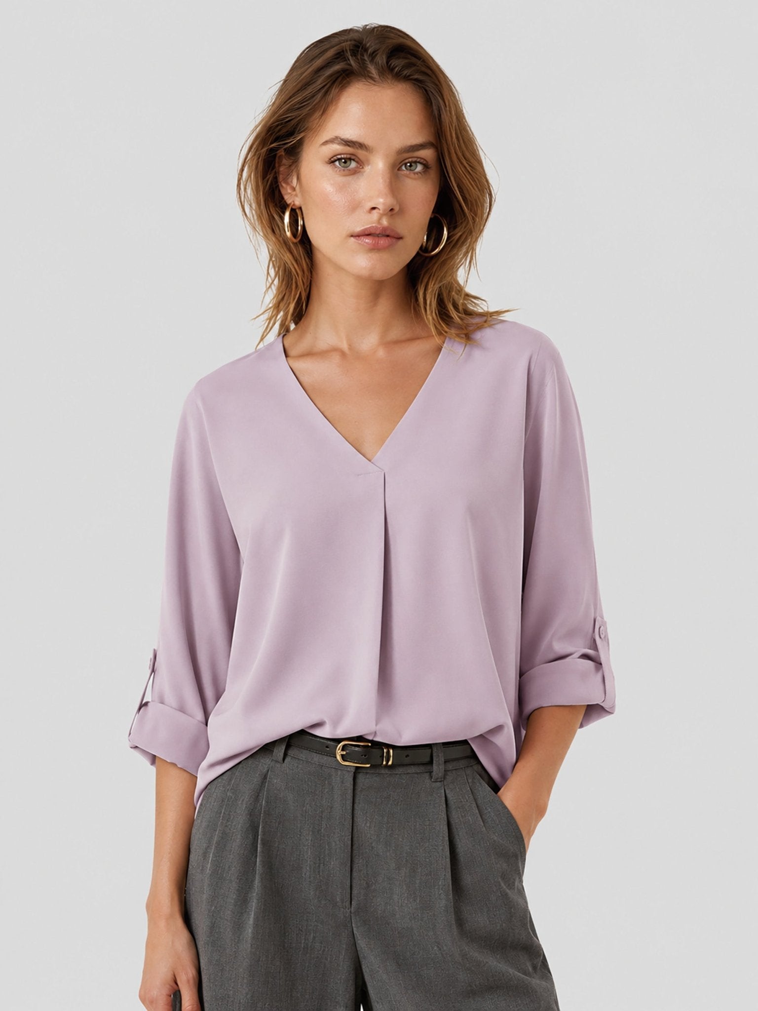 YUCOLEN Women's Lightweight V-Neck Flowy Blouse with 3/4 Flutter Sleeves in Pink