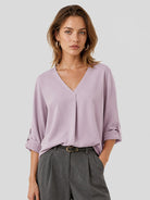 YUCOLEN Women's Lightweight V-Neck Flowy Blouse with 3/4 Flutter Sleeves in Pink